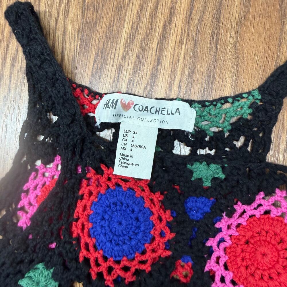 H&M x Coachella Crochet Patchwork Mini Dress 4 Festival Boho Hippie Retro Indie - Picture 2 of 6